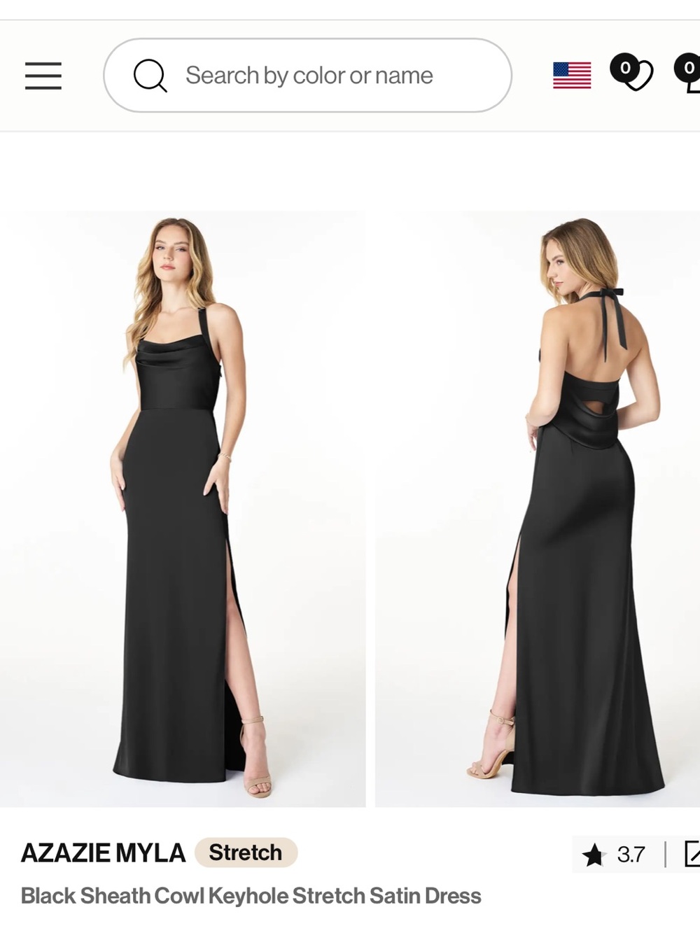 Azazie Myla Black Satin Sheath Dress with Keyhole Back